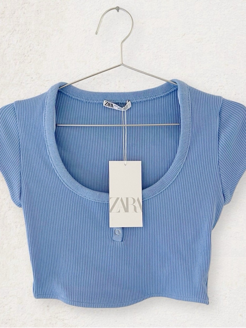 ZARA Light Blue Ribbed Scoop-Neck Crop Top
